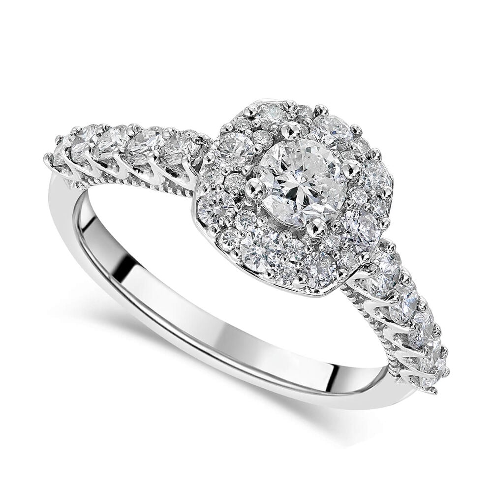 18ct White Gold Round 1.00ct Diamond Square Halo and Shoulders Ring