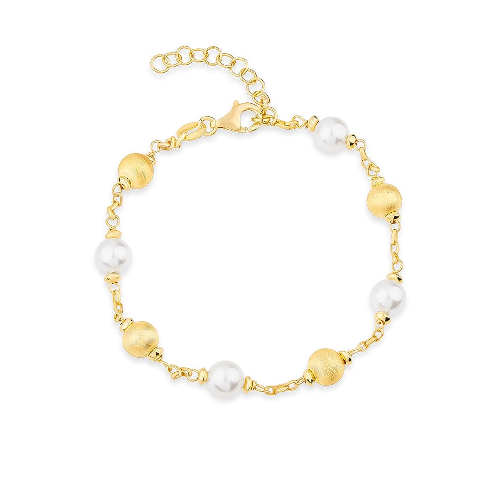 Yellow Gold Plated Sterling Silver Pearls & Matte Beads Bracelet