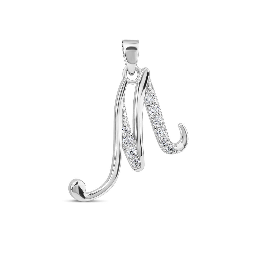 Sterling Silver Script Cubic Zirconia Initial "M" Pendant image number 0