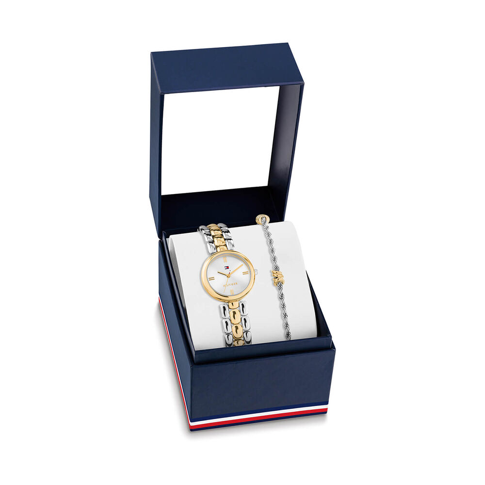 Tommy Hilfiger 26mm Silver Dial Two Tone Steel Bracelet Watch & Gold Plated Steel Bracelet Set