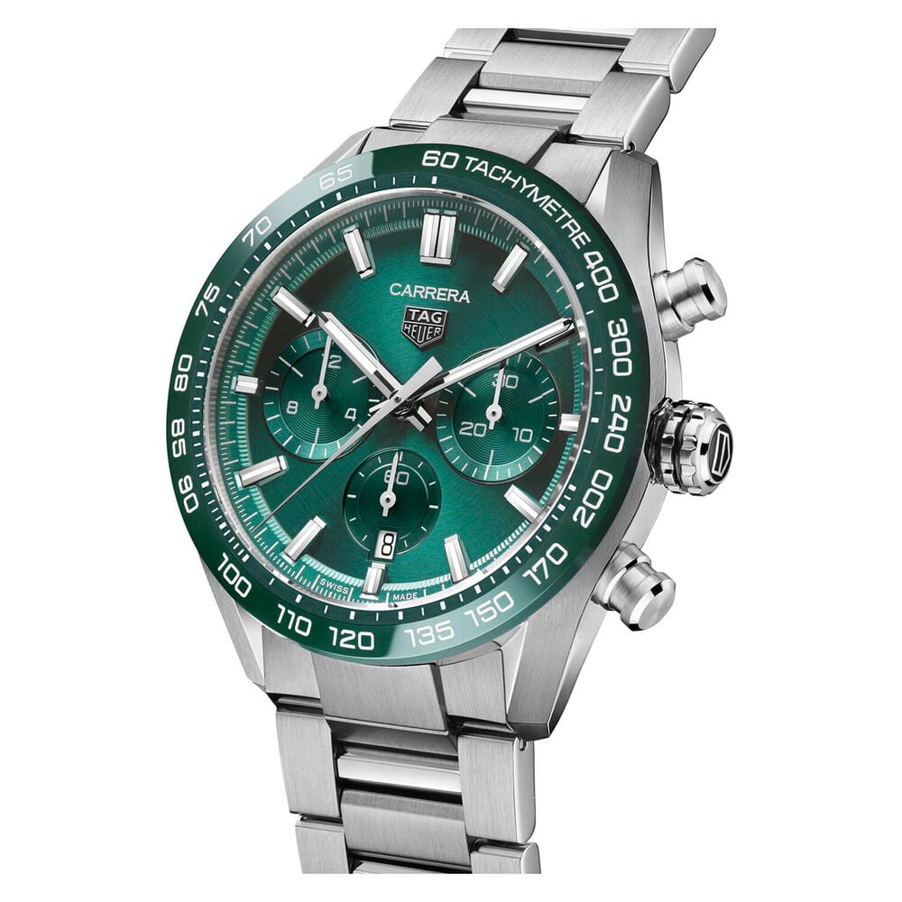 TAG Heuer Carrera 44mm Green Chronograph Dial Steel Case & Bracelet Watch image number 1