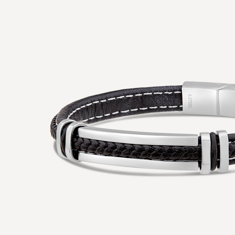 Mens's Steel & Black Leather White Stitching Bracelet