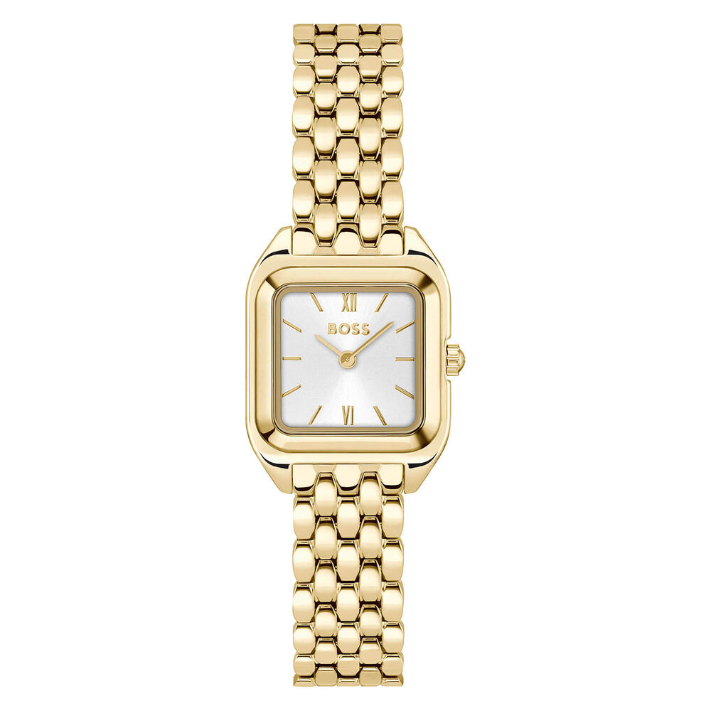 BOSS Mae Petite 22mm Square Silver Dial Gold Tone Steel Bracelet Watch