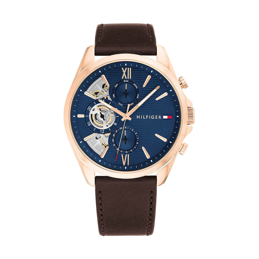 Tommy Hilfiger 43.5mm Blue Open Heart Dial Rose Gold Tone Steel Case Brown Leather Strap Watch image number 0