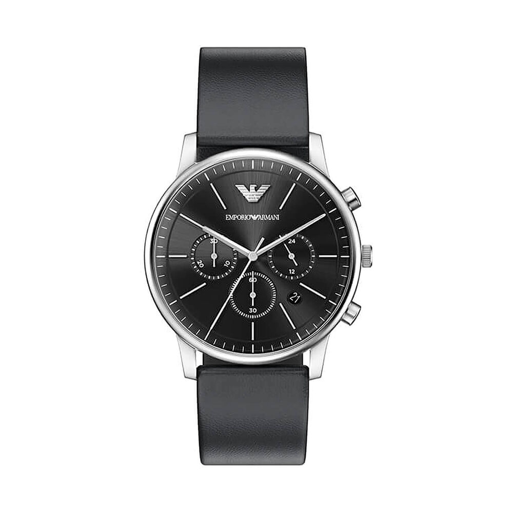 Emporio Armani Minimalist 42mm Black Dial Black Leather Strap Chronograph Watch