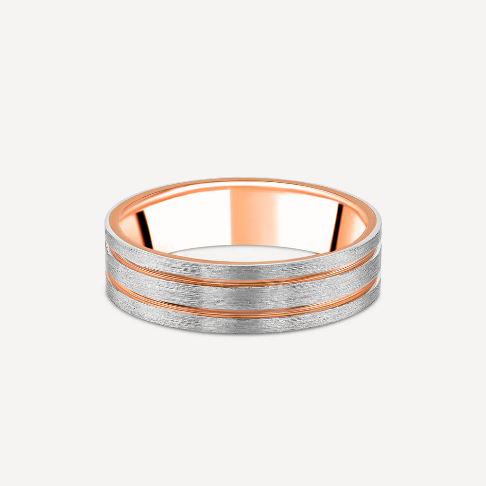 9ct Rose Gold & Platinum 2 Row Groove Men's Wedding Ring image number 2