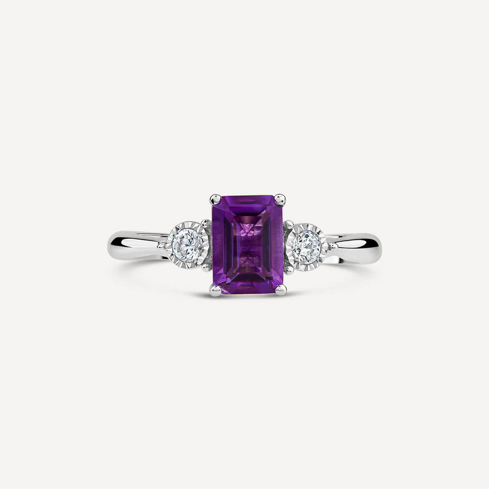 9ct White Gold Princess Cut Amethyst 0.12ct Diamond Sides Ring image number 1