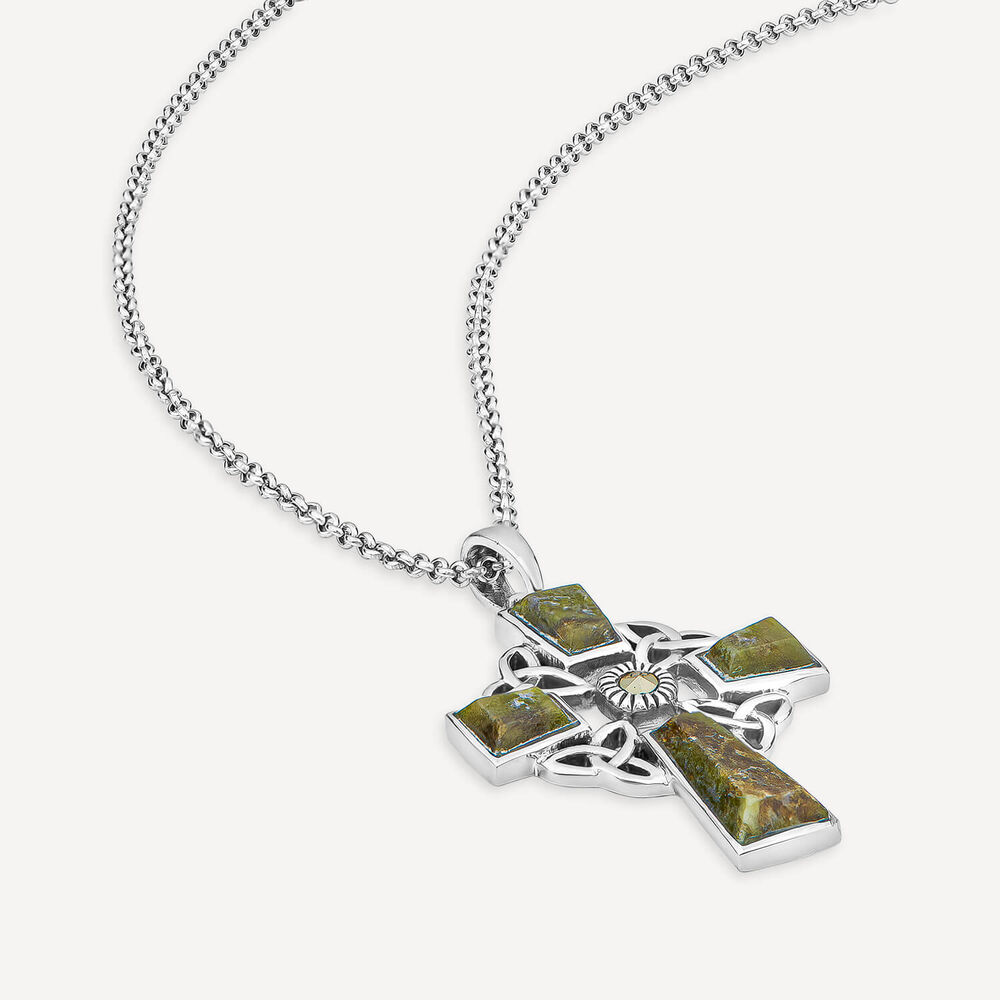 Silver Connemara Marble Marcasite Trinity Knot Cross Pendant image number 3