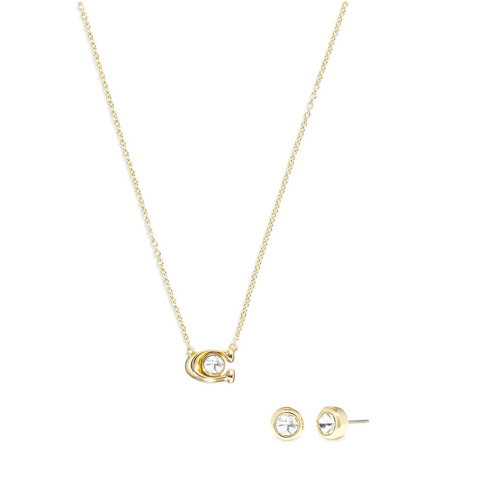 Coach Signature Gold Tone Brass Crystal Necklace & Earrings Set