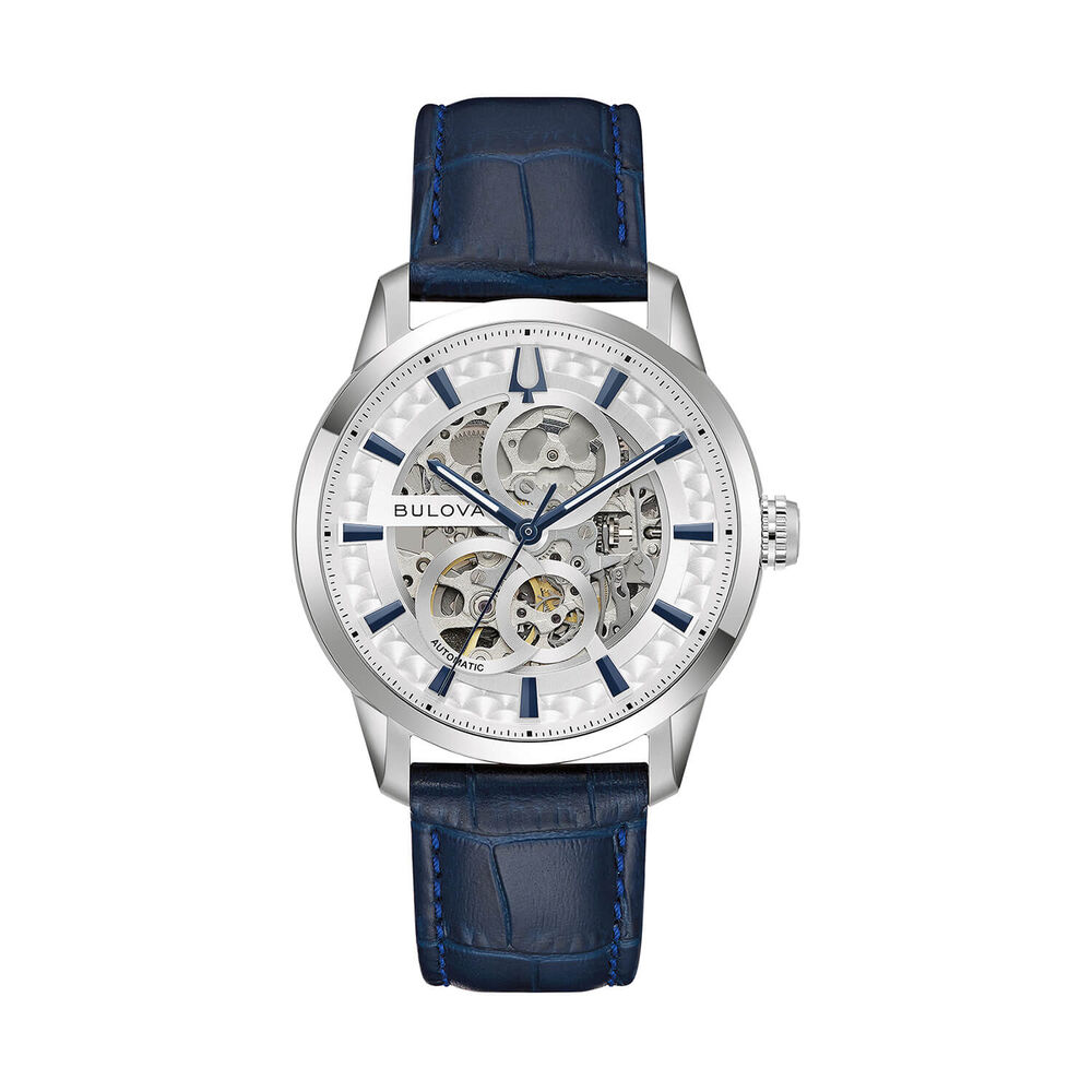 Bulova Sutton 40mm Silver Skeleton Dial Blue Leather Strap Watch