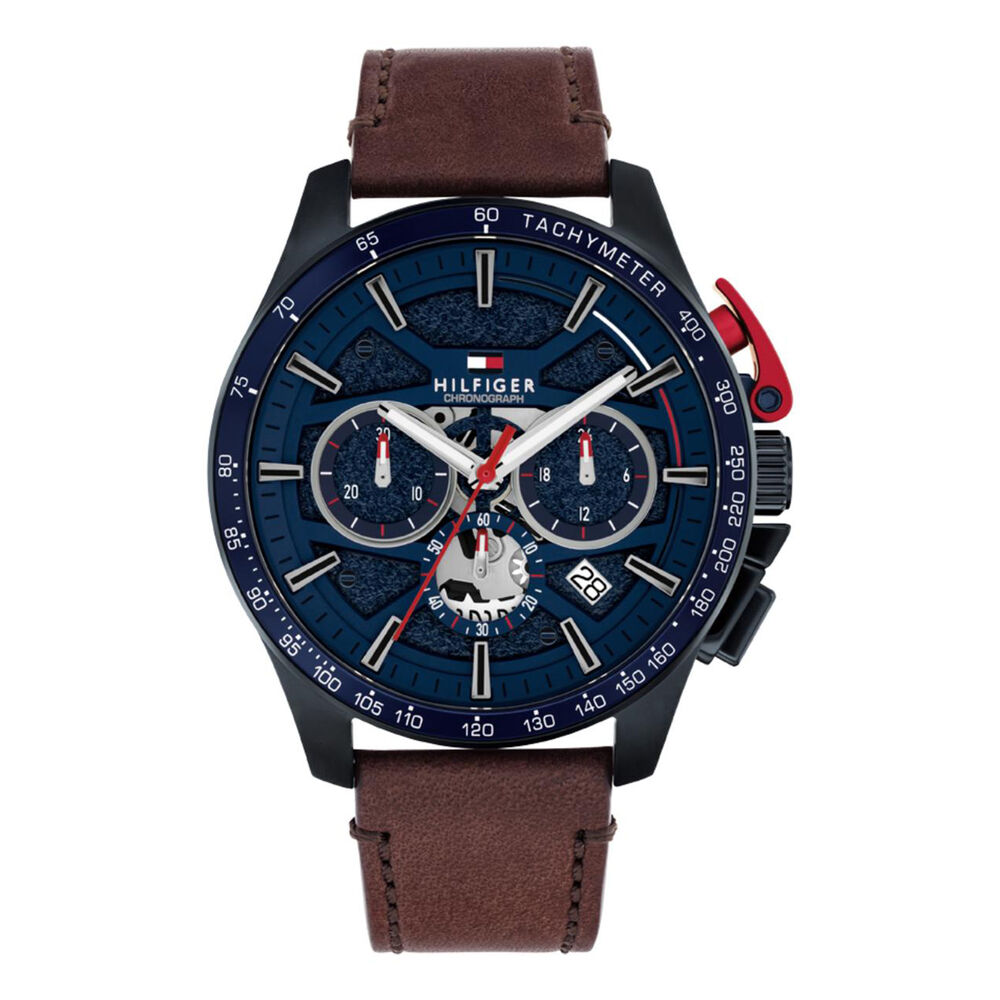 Tommy Hilfiger Bank 44mm Blue Dial & Bezel Brown Leather Strap Watch
