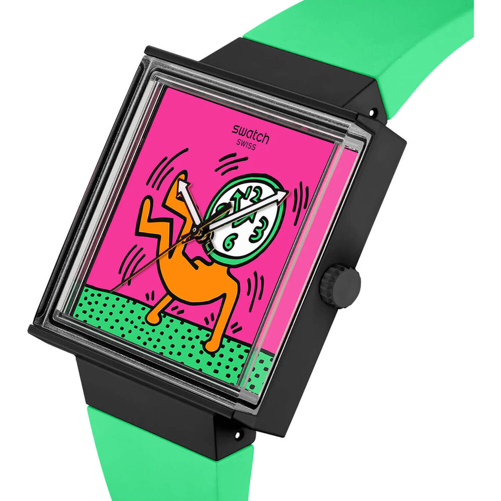 Swatch Break Time 41.8mm Square Multi Colour Dial Green Silicone Strap Watch image number 1