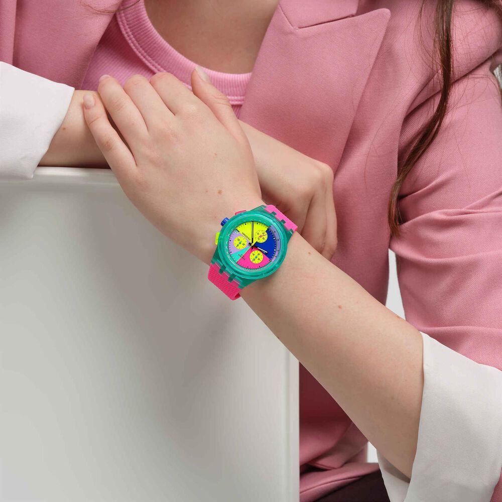 Swatch Neon Flash Arrow Chronograph 42mm Multi-Coloured Dial Pink Silicone Strap Watch image number 4