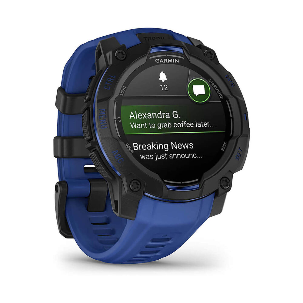 Garmin Instinct 3 45mm AMOLED Black Bezel Bolt Blue & Black Silicone Strap Watch image number 3