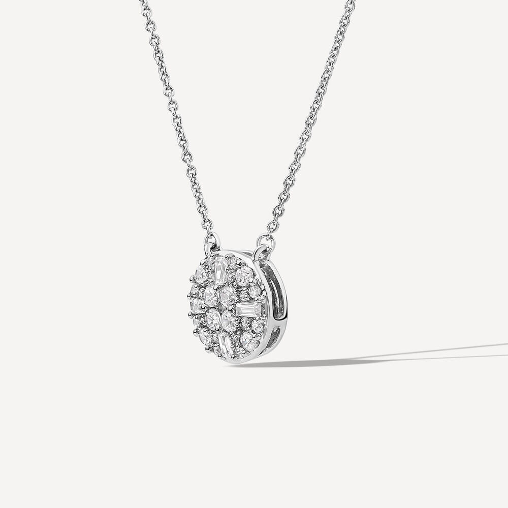 9ct White Gold 0.33ct Cluster Baguette & Round Diamond Round Shaped Pendant