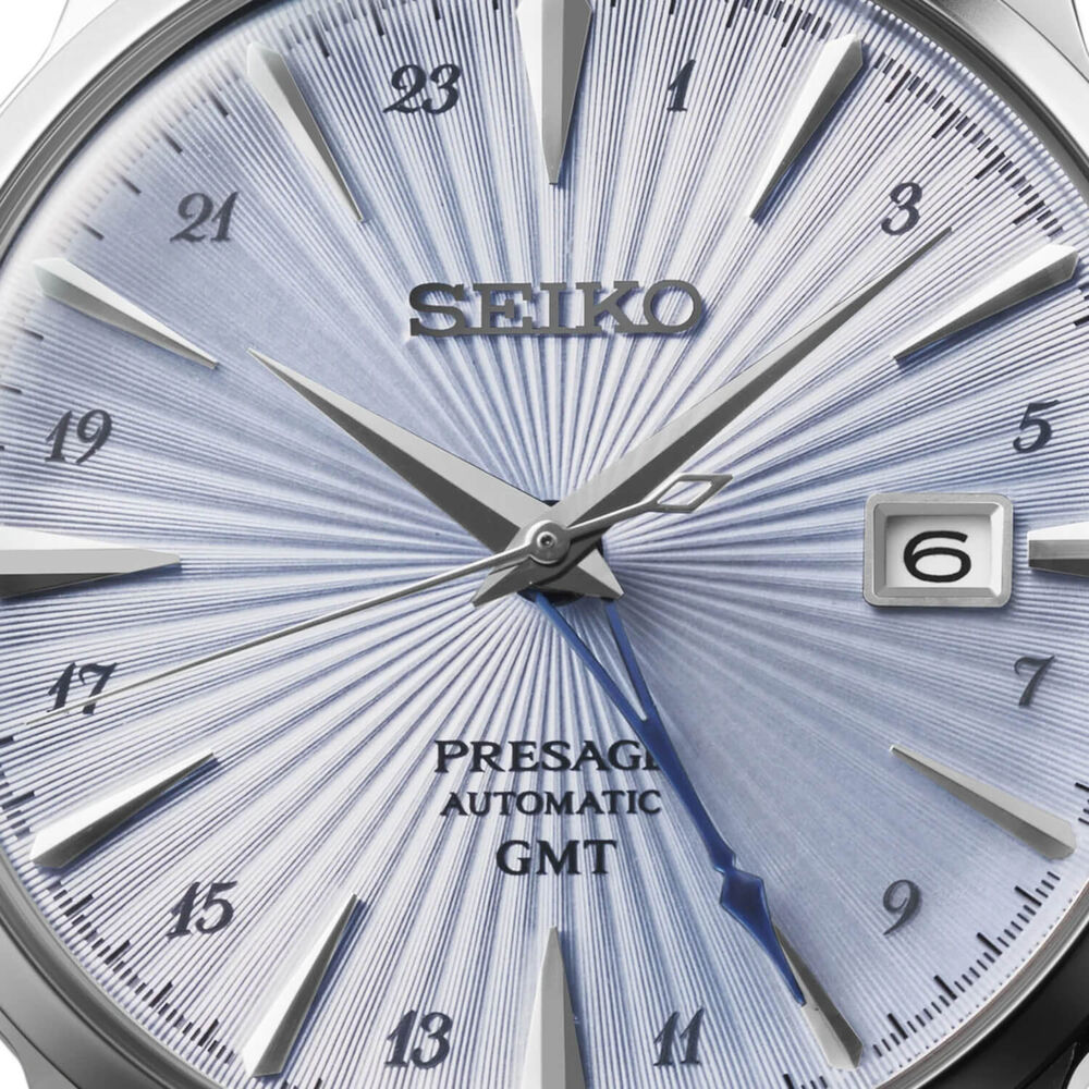 Seiko Presage Cocktail Time 'Skydiving' GMT 40.5mm Light Blue Dial Steel Bracelet Watch image number 1