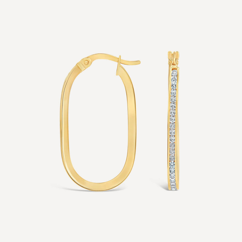 9ct Yellow Gold Cubic Zirconia Set Oval Hoop Earrings image number 1