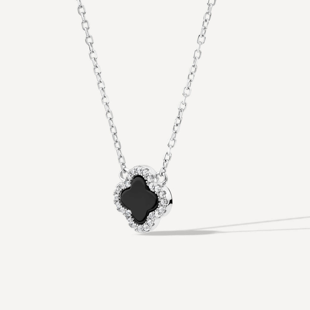 Sterling Silver Black Centre Cubic Zirconia Set Clover Petal Necklet image number 1