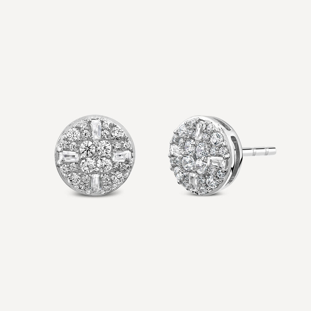 9ct White Gold 0.50ct Cluster Baguette & Round Diamond Round Shaped Stud Earrings