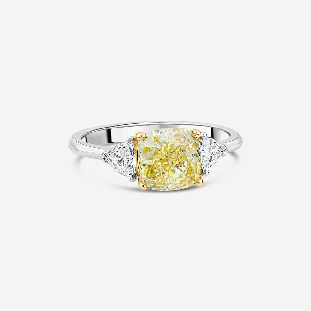 Born Platinum & 18ct YG Head 2.50ct Yellow Cushion Centre Trilogy Lab Grown Diamond Sides Ring image number 2