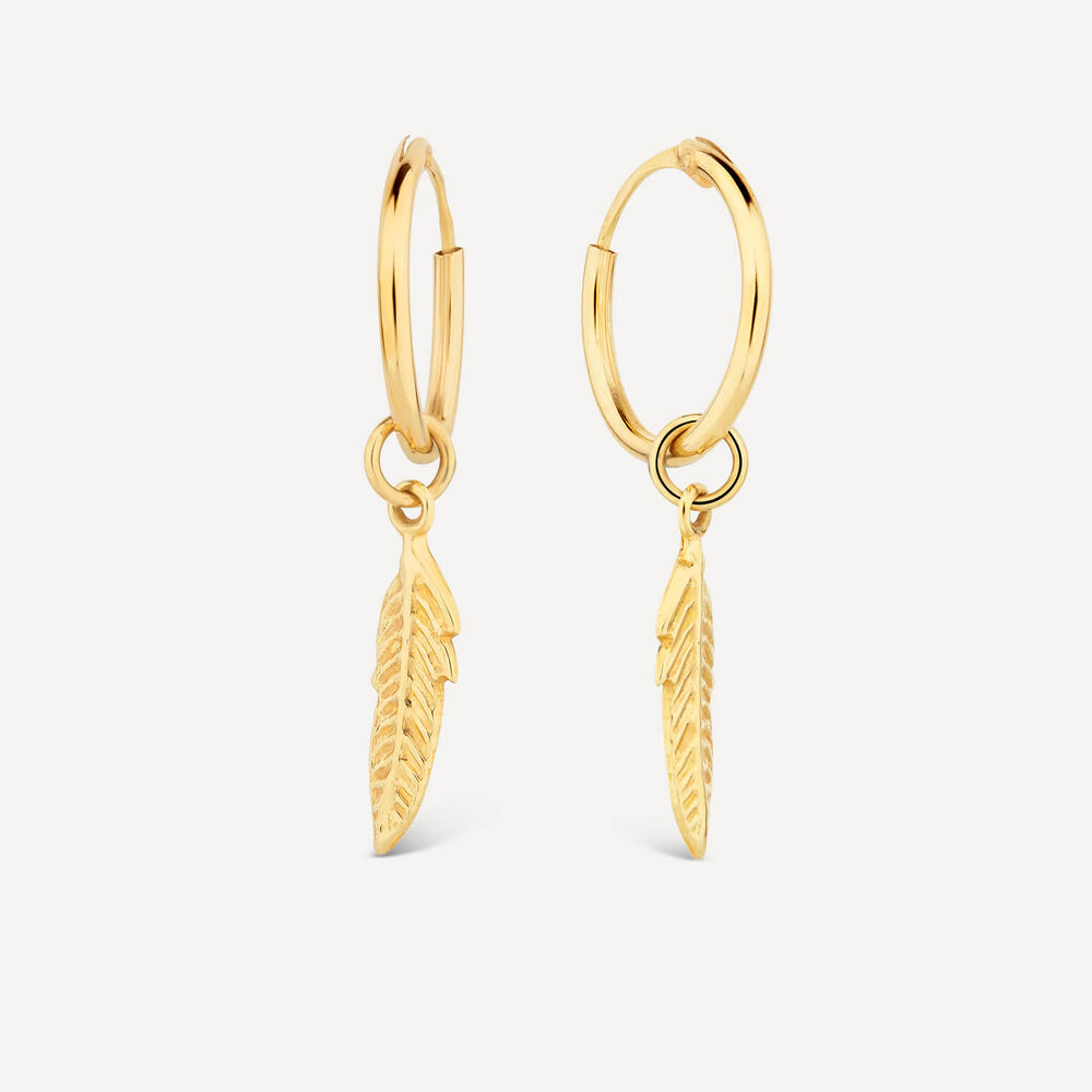 9ct Yellow Gold Feather Motif Small Hoop Earrings image number 1