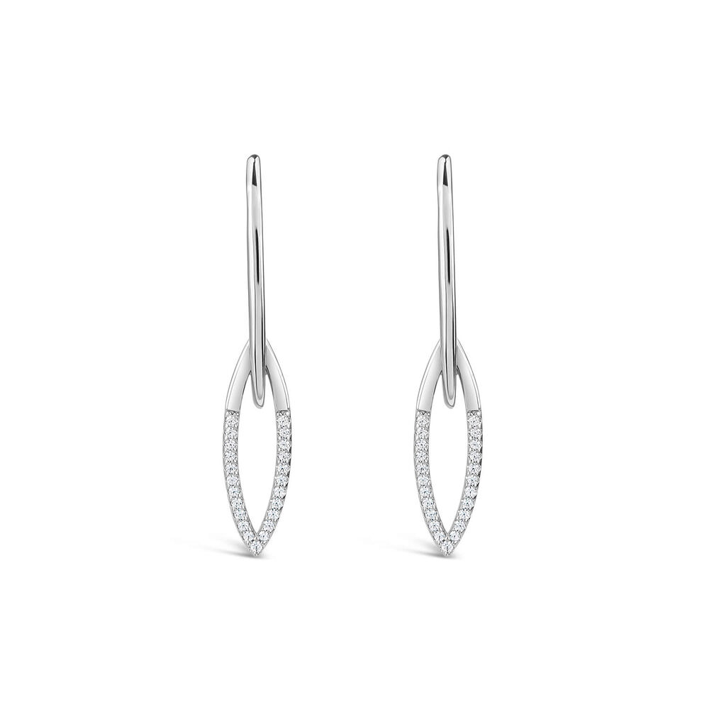 Sterling Silver Open Marquise Polished & Cubic Zirconia Pave Set Drop Earrings