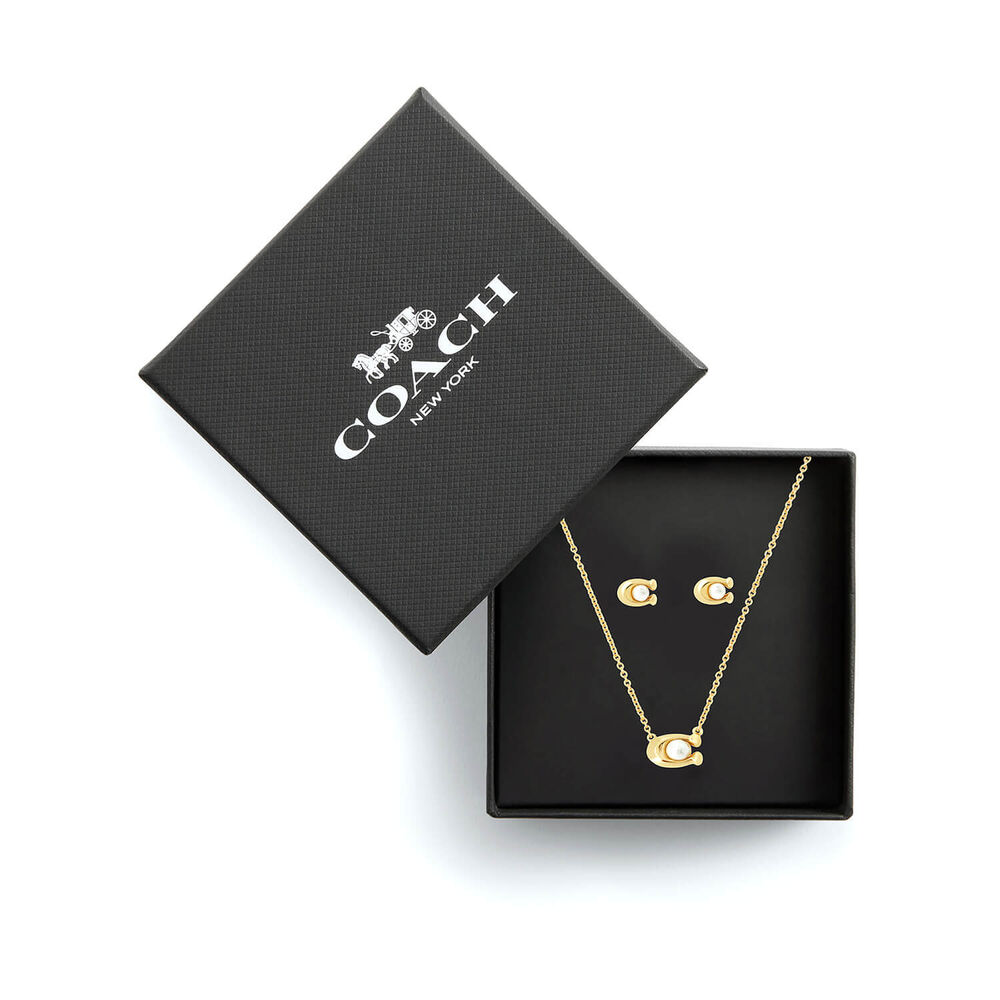 Coach Signature Gold Tone Brass Pearl Necklace & Earrings Set