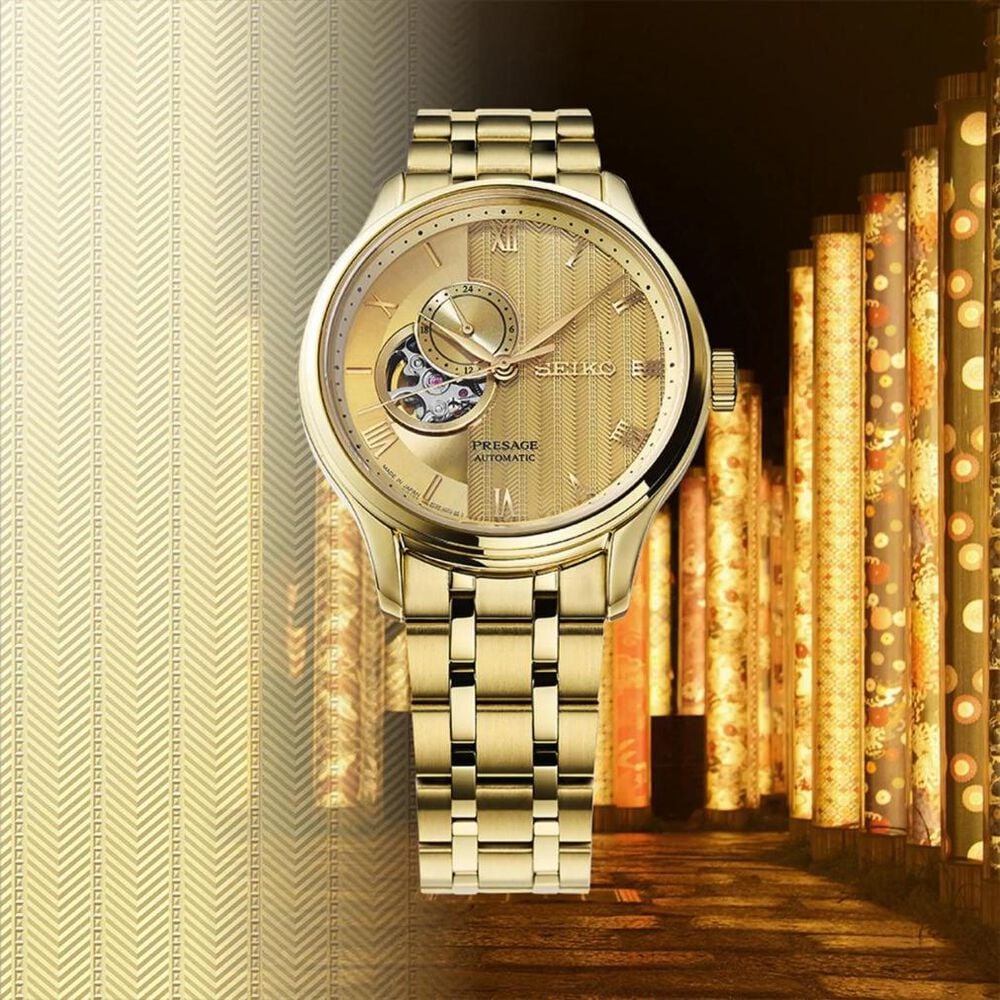 Seiko Presage Japanese Zen Garden  41.8mm Gold Dial Gold Tone Steel Bracelet Watch