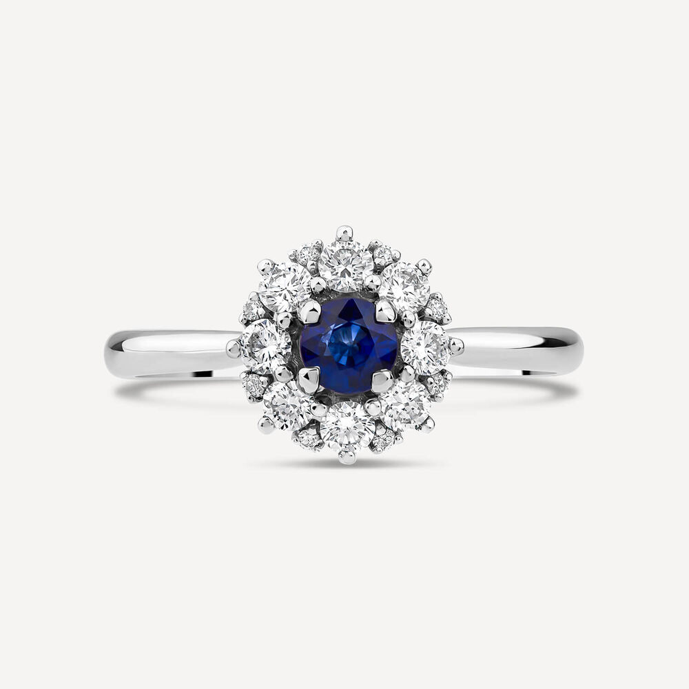 Platinum Sapphire Centre 0.38ct Diamond Halo Ring