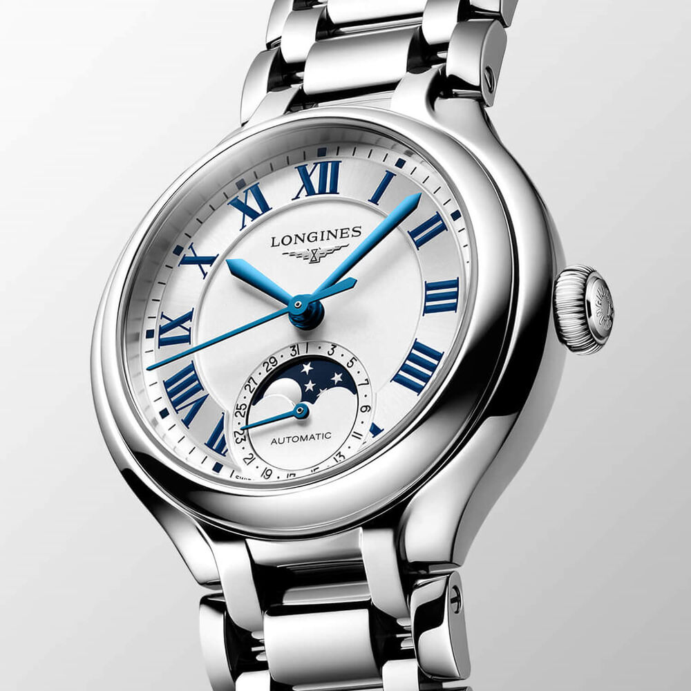 Longines Elegance Primaluna 34mm Silver Dial Moonphase Date Steel Bracelet Watch image number 3