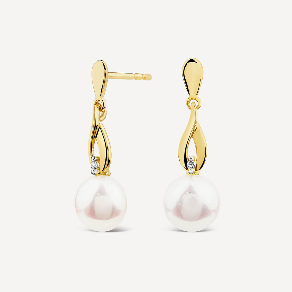 9ct Yellow Gold Freshwater Pearl & Diamond Set Drop Earrings