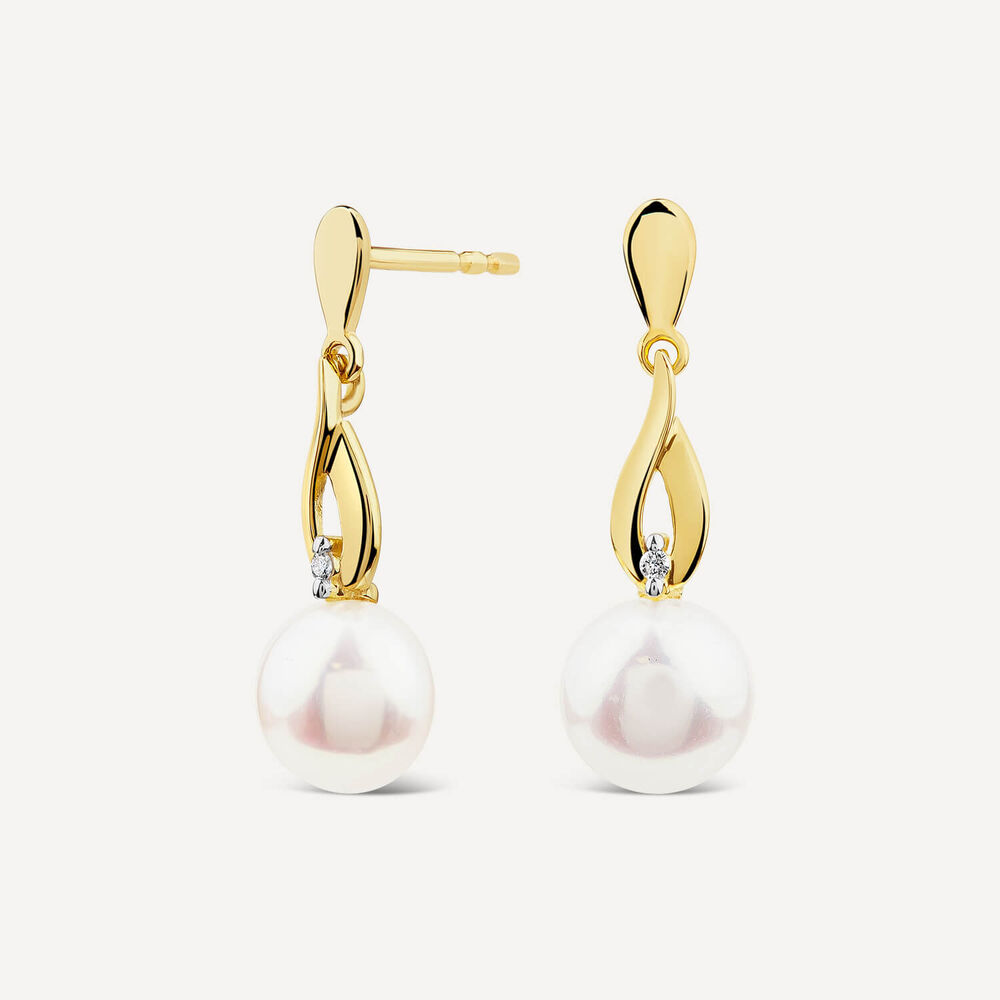 9ct Yellow Gold Freshwater Pearl & Diamond Set Drop Earrings image number 1