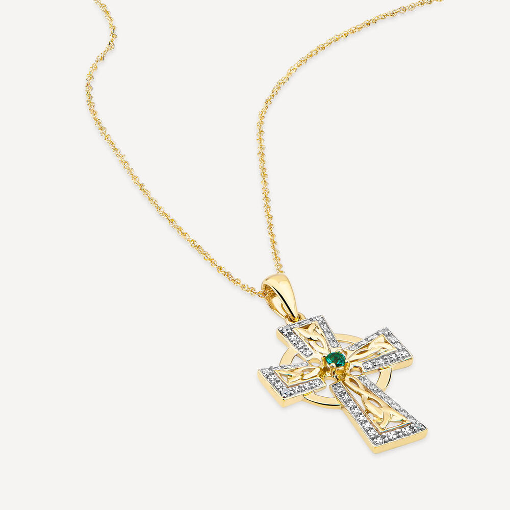 14ct Yellow Gold Diamond & Emerald Celtic Cross Pendant image number 3