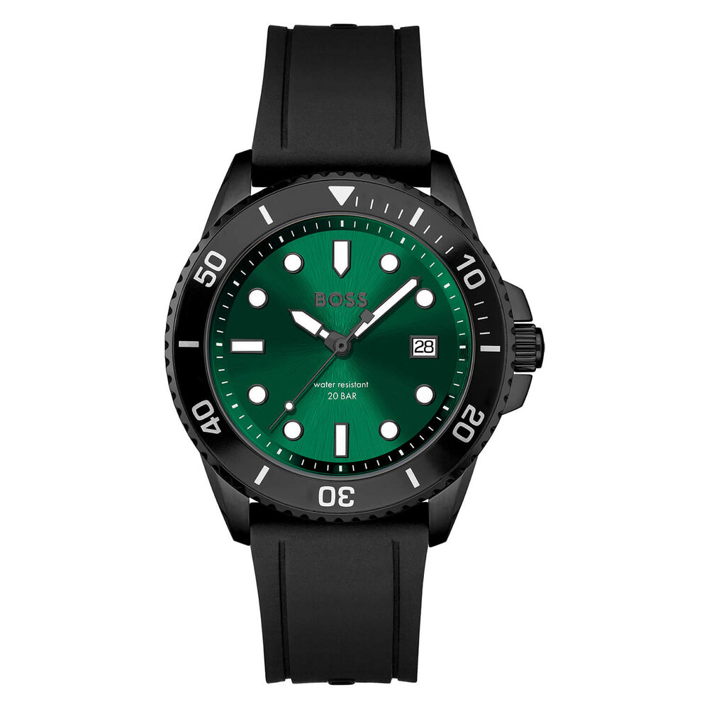 BOSS Ace 43mm Quartz Green Dial Black IP Case Black Rubber Strap Watch