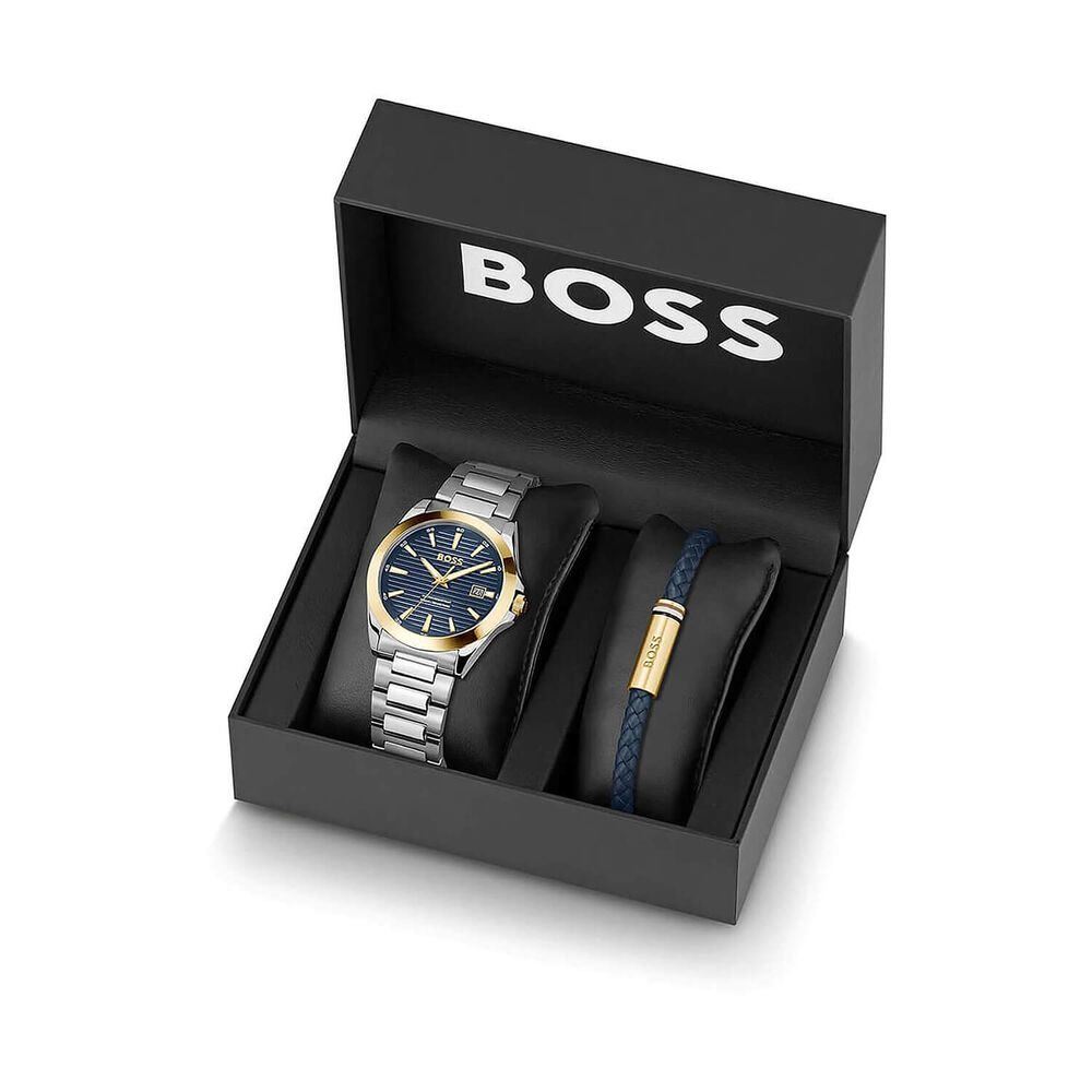 BOSS Strike 41mm Blue Dial Steel Bracelet Watch & Blue Leather Bracelet Gift Set image number 2