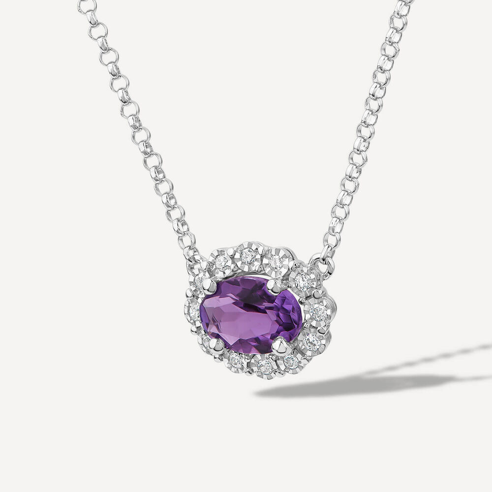 9ct White Gold Oval Amethyst 0.05ct Diamond Cluster Necklet image number 1