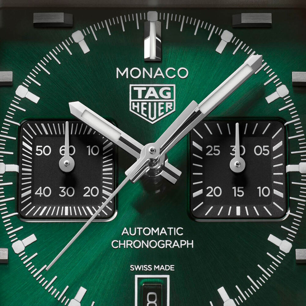 TAG Heuer Monaco Chronograph 39mm Green Dial Black Leather Strap Watch