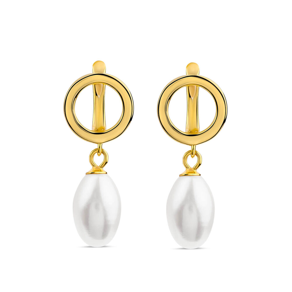 Yellow Gold Plated Sterling Silver Open Circle Freshwater Pearl Drop Earrings image number 0