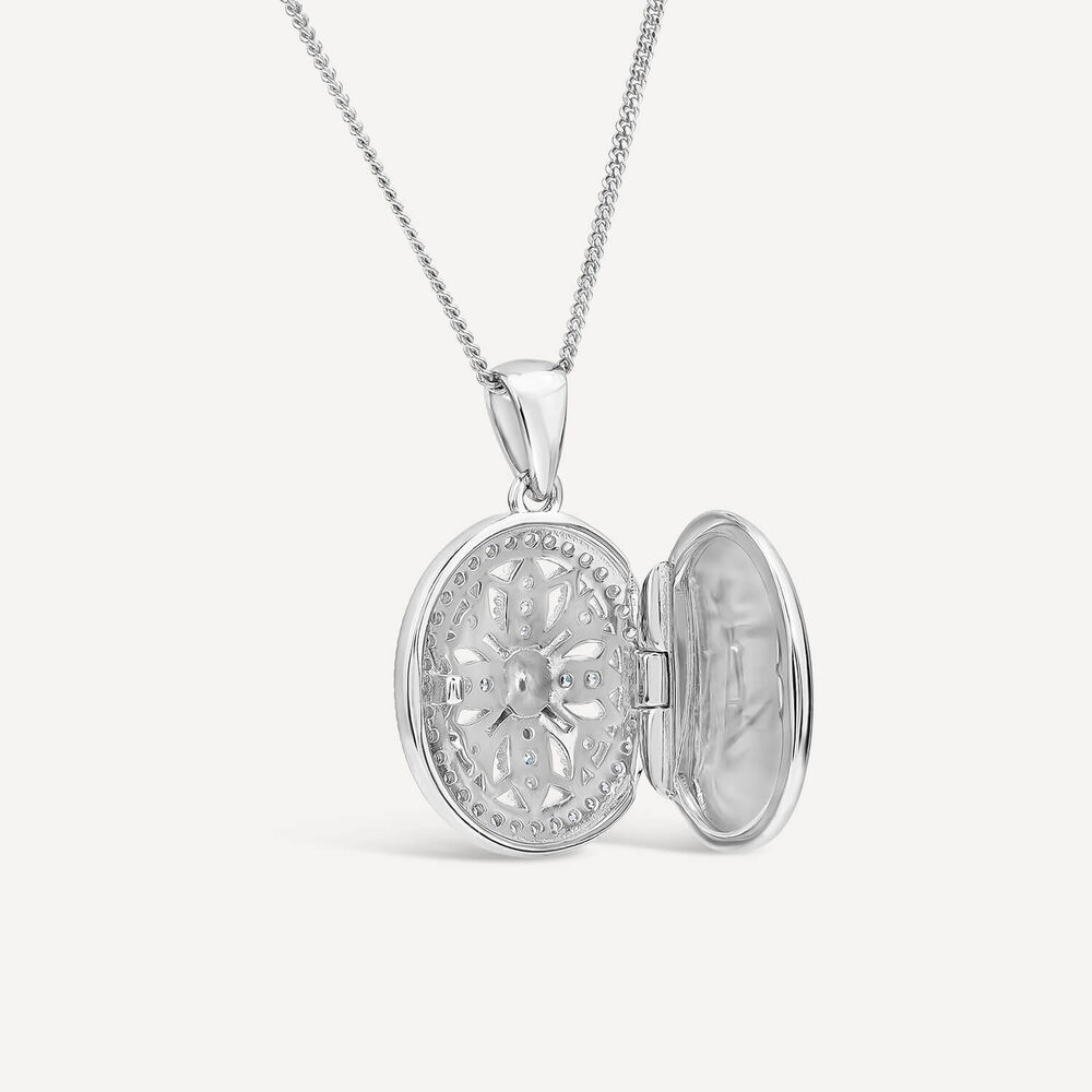 Sterling Silver Small Cubic Zirconia Antique Design Oval Locket Pendant image number 1