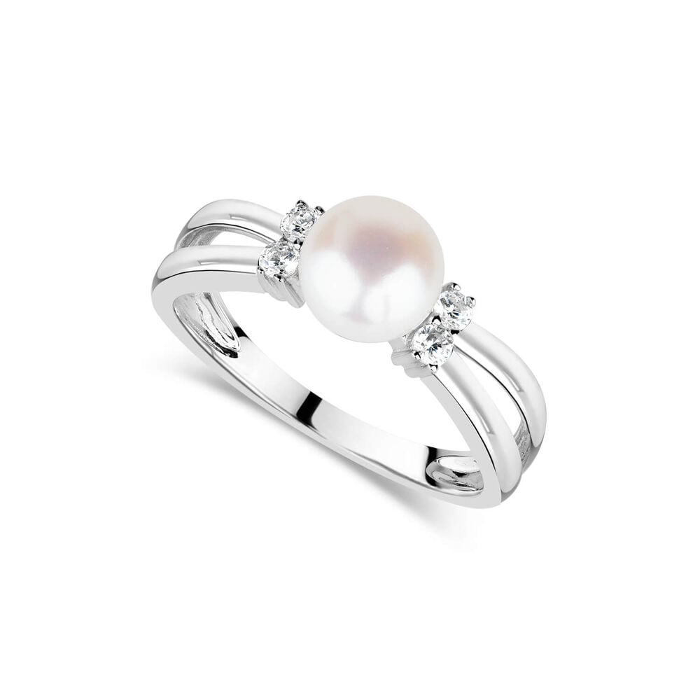Sterling Silver Pearl and Cubic Zirconia Split Shoulder Ring