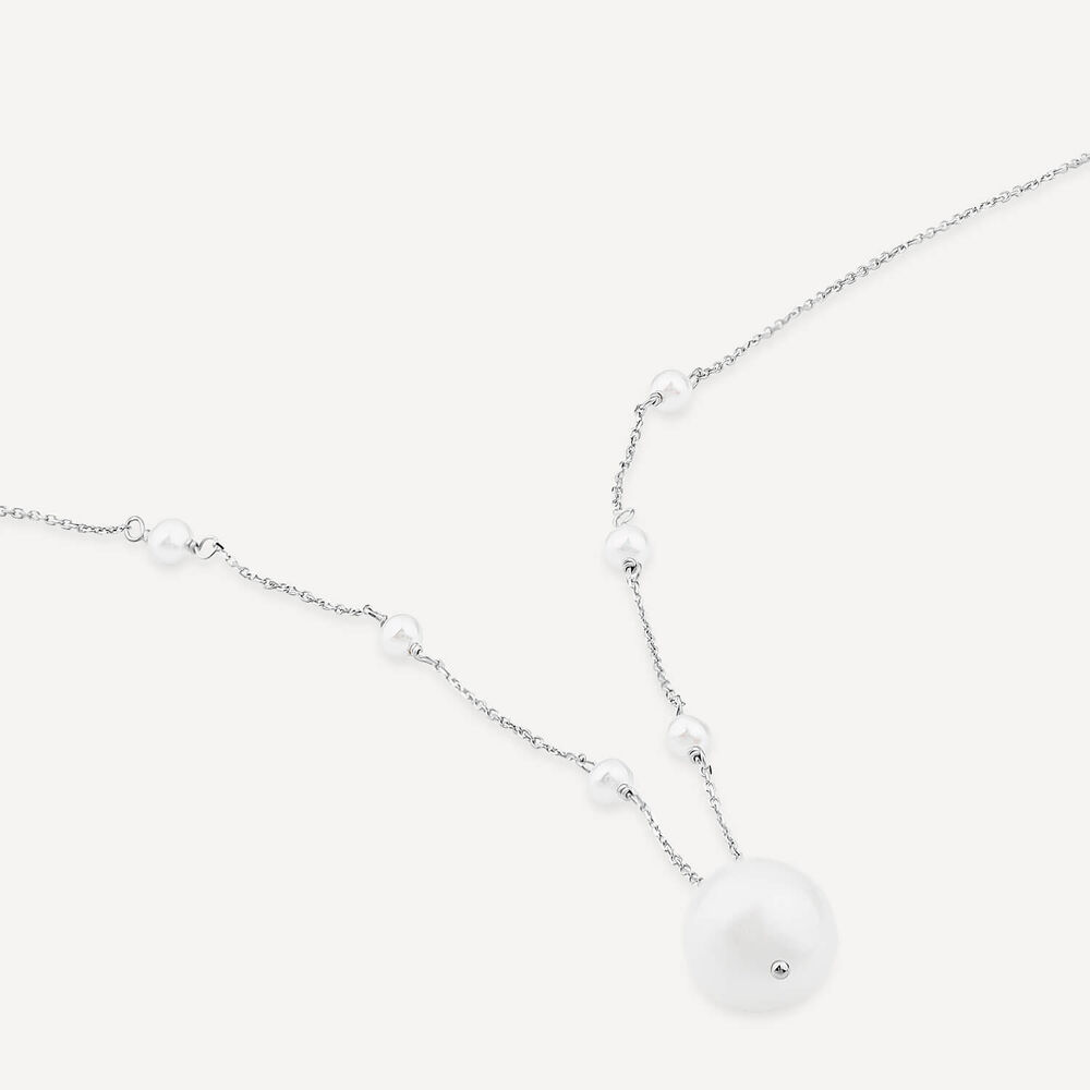 9ct White Gold Pearl Station Chain & Pearl Drop Pendant Necklet