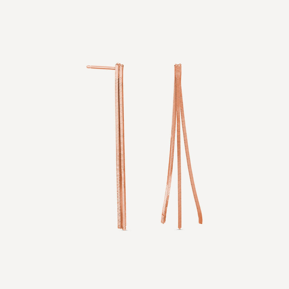 Sterling Silver and Rose Gold Plated Long Three Strand Herringbone Drop Earrings