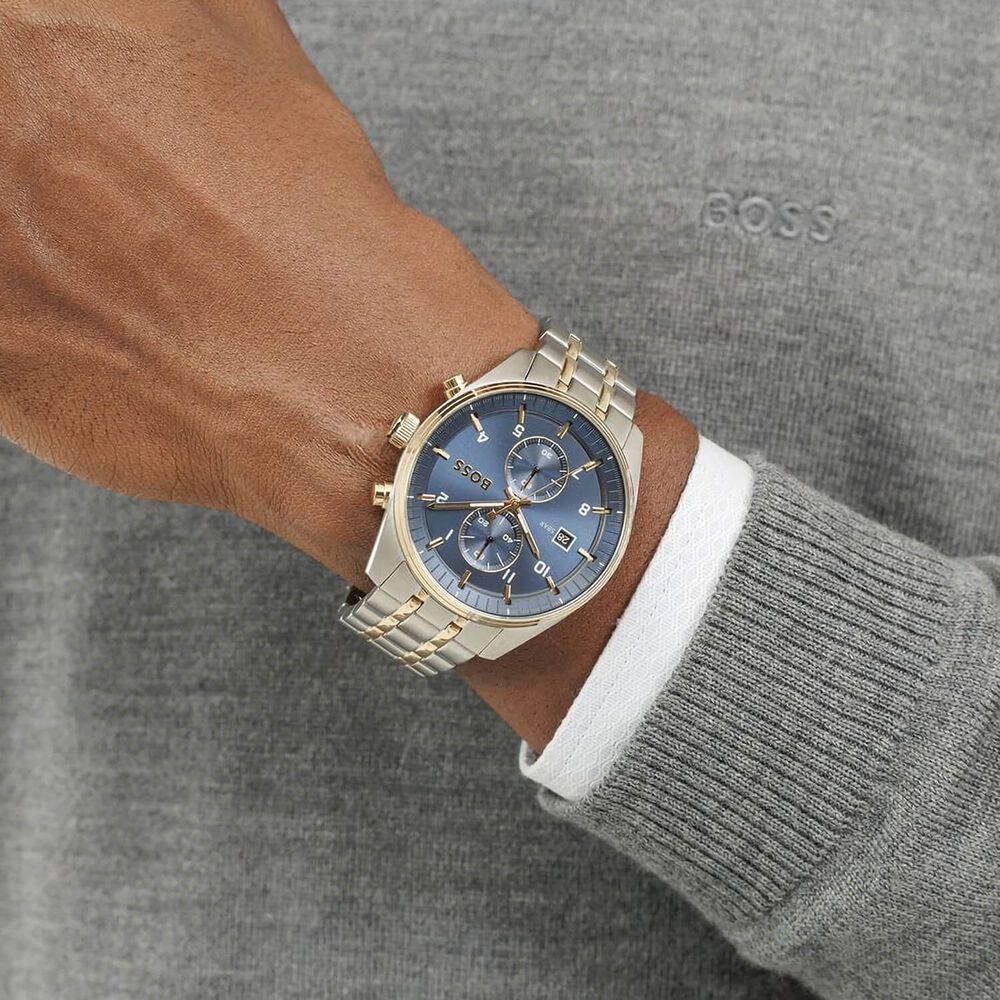 BOSS Skytraveller Chronograph 44mm Blue Dial Gold Tone Bezel & Bracelet Watch