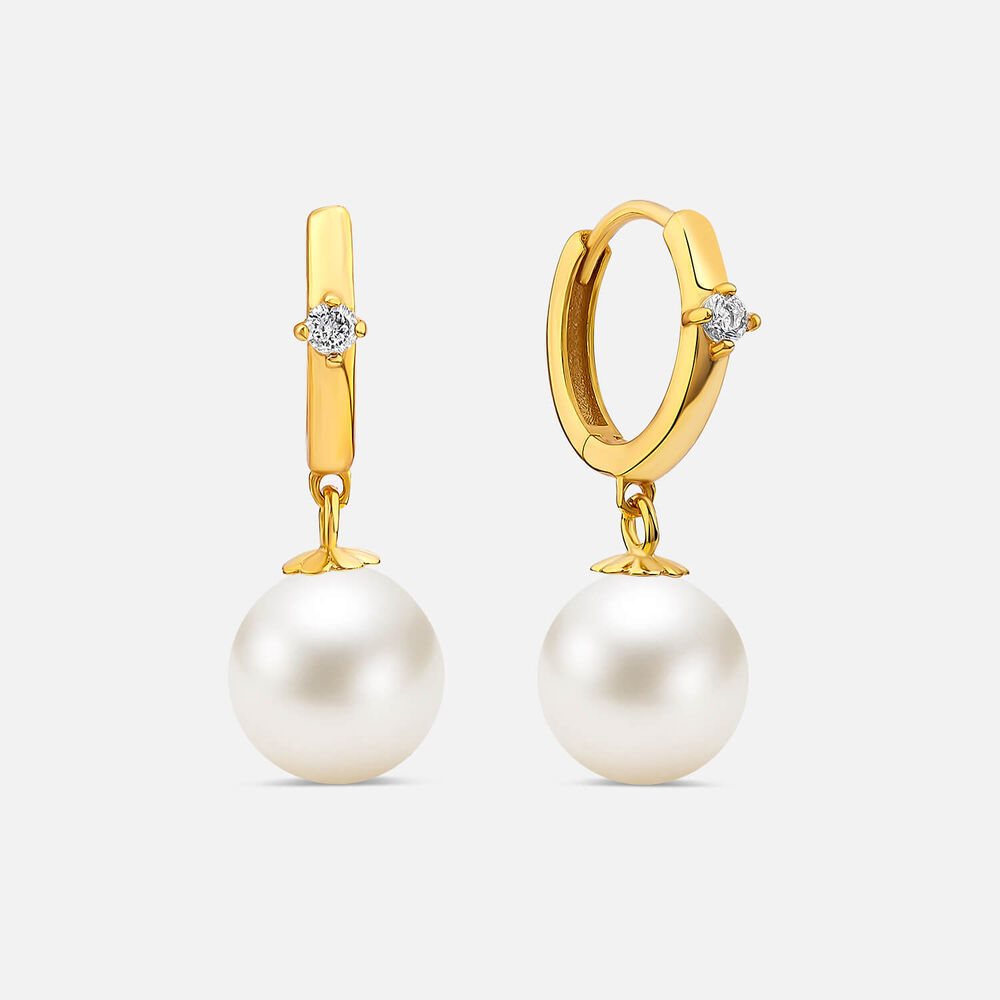 Yellow Gold Plated Vermeil Sterling Silver Hoop Cubic Zirconia & Pearl Drop Earrings