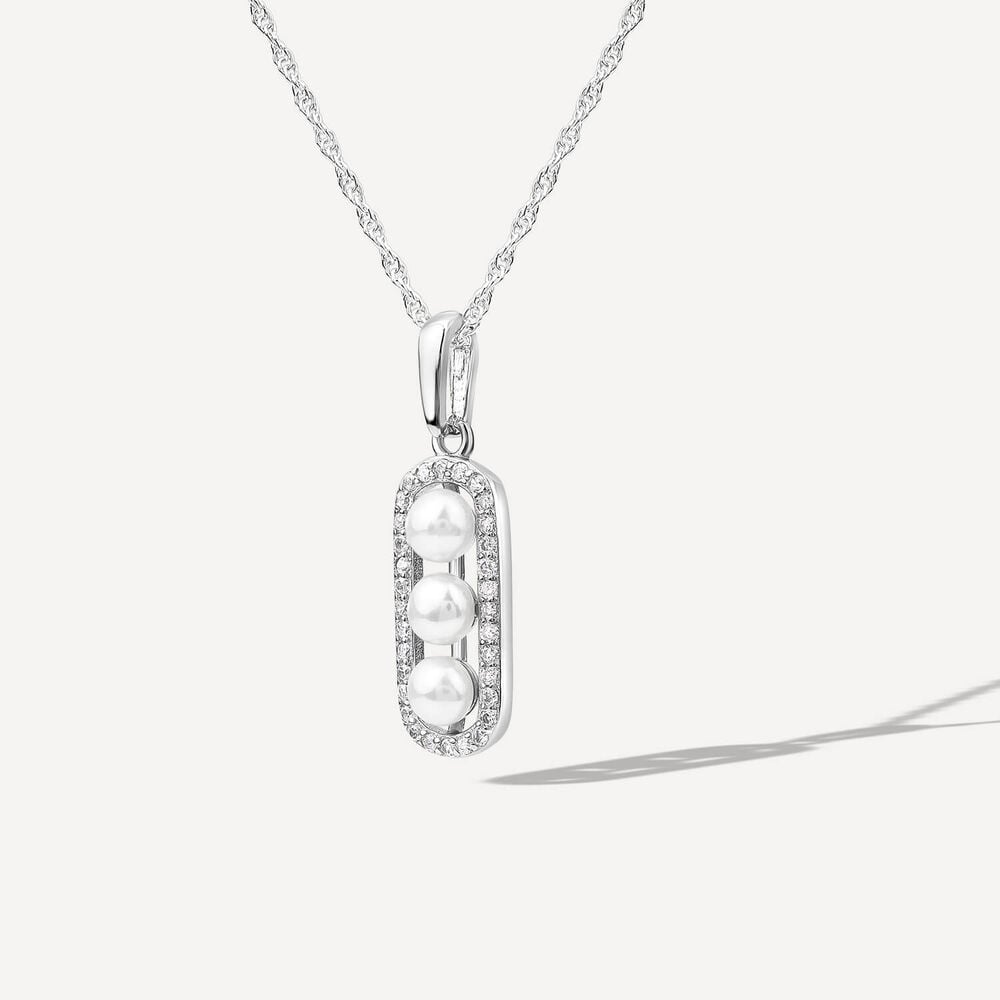 Sterling Silver Three Pearl Centre Cubic Zirconia Rectangle Pendant