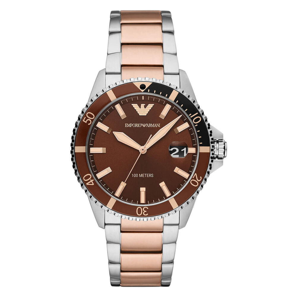 Emporio Armani Diver 42mm Brown Dial Rose Gold & Steel Case Bracelet Mens Watch