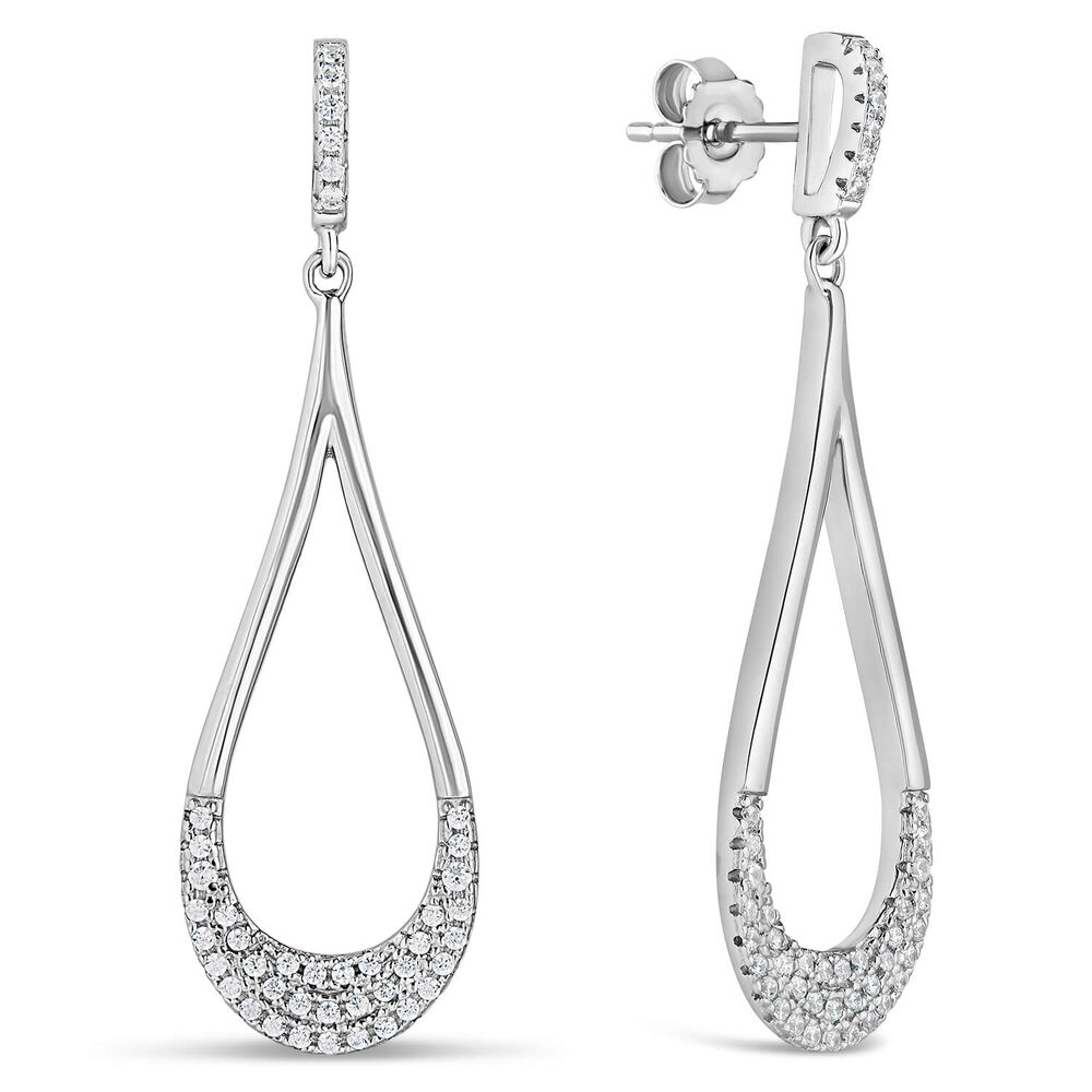 Sterling Silver Long Open Polished Loop with Pave Cubic Zirconia Drops image number 1