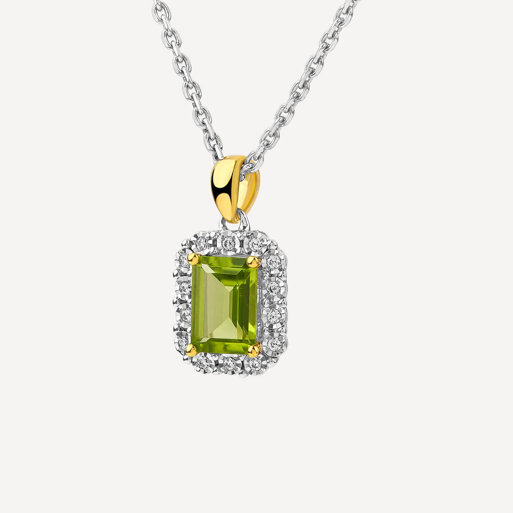 9ct Yellow Gold Rectangular Peridot 0.06ct Diamond Halo Pendant