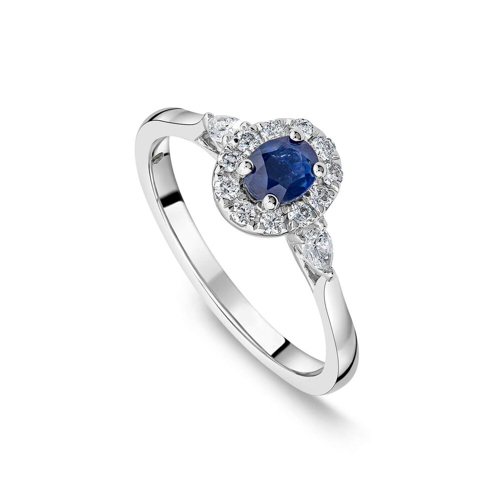 Kathy de Strafford 18ct White Gold Oval Sapphire & 0.30ct Pear Diamond Shoulders Ring