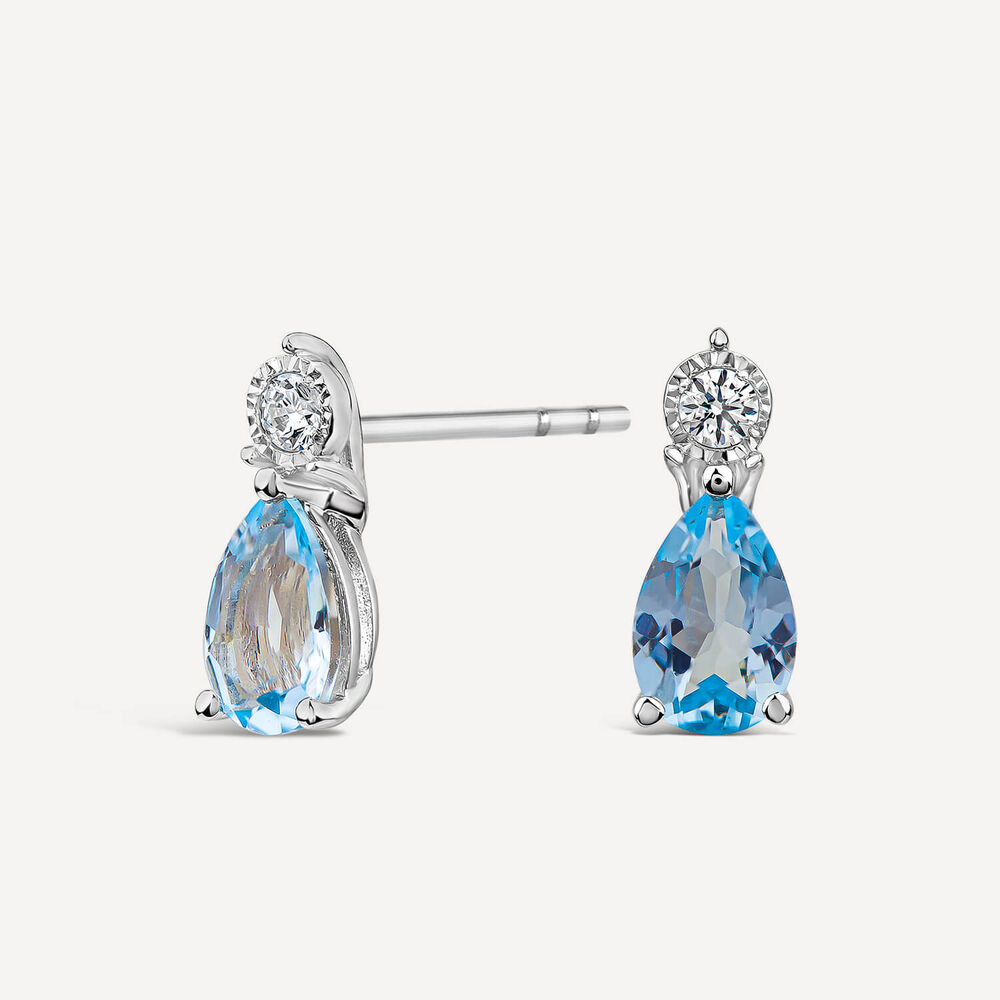 9ct White Gold Pear Blue Topaz & Diamond Top Drop Earrings image number 1